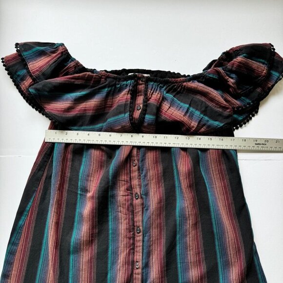 WAYF Mini Dress Striped Off the Shoulder Pom Pom Ruffle Lined Boho Beachy Sz L - Picture 10 of 16